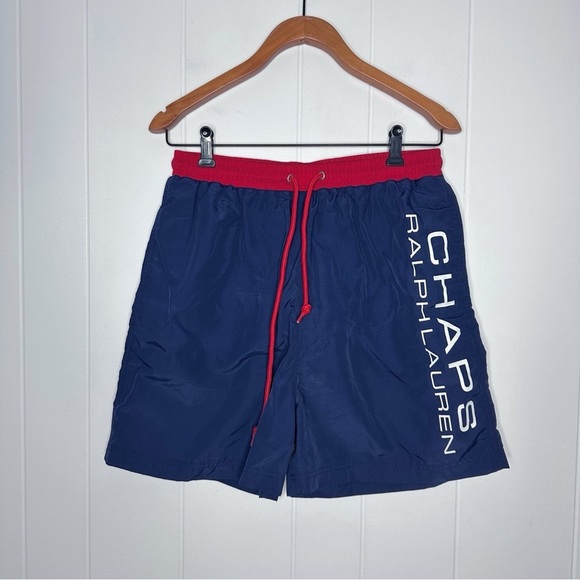 Vintage Chaps Ralph Lauren Navy Logo Printed Swim Trunks - Picture 1 of 9